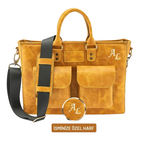 Kişiye Özel Rainbow Deri Hardal Sarısı Evrak - Laptop Çantası