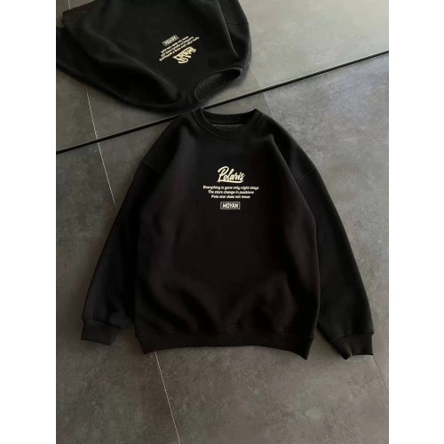 Kışlık Bisiklet Yaka Ön Ve Arka Baskılı SweatShirt - Siyah