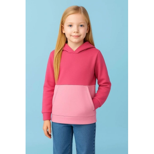 Kız Çocuk Kapüşonlu Kanguru Çepli Parçalı SweatShirt - Renkli