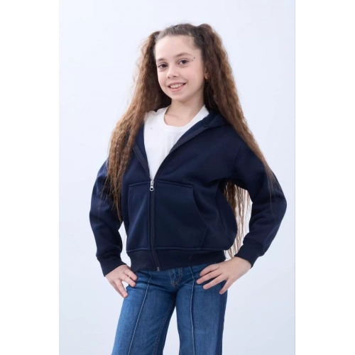 Kız Çocuk Kapüşonlu Kanguru Çepli Tam Fermuarlı Hırka SweatShirt - Lacivert