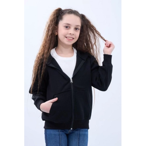 Kız Çocuk Kapüşonlu Kanguru Cepli Tam Fermuarlı Hırka Sweatshirt - Siyah