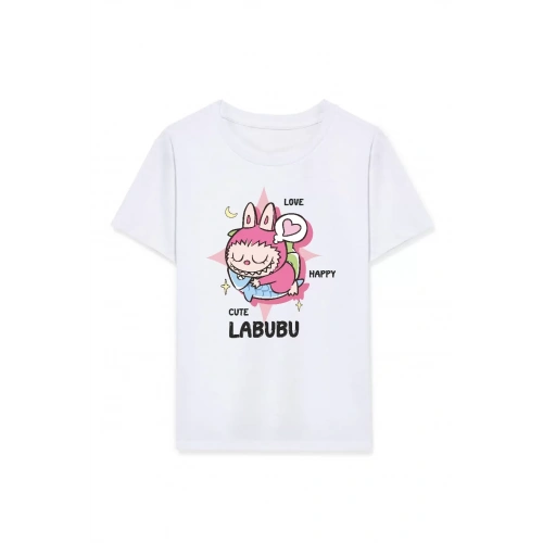 Kız Labubu Çocuk Baskılı T-Shirt - Beyaz