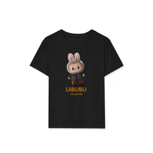 Kız Labubu Çocuk Baskılı T-Shirt - Siyah