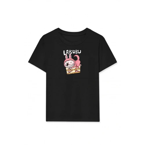 Kız Labubu Çocuk Baskılı T-Shirt - Siyah
