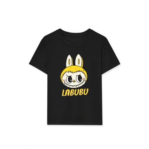 Kız Labubu Çocuk Baskılı T-Shirt - Siyah
