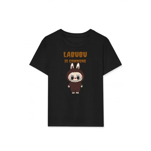 Kız Labubu Çocuk Baskılı T-Shirt - Siyah