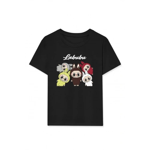 Kız Labubu Çocuk Baskılı T-Shirt - Siyah