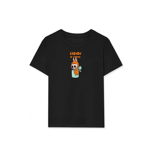 Kız Labubu Çocuk Baskılı T-Shirt - Siyah