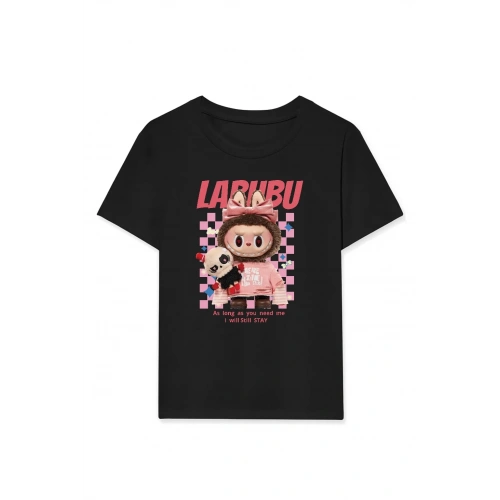 Kız Labubu Çocuk Baskılı T-Shirt - Siyah