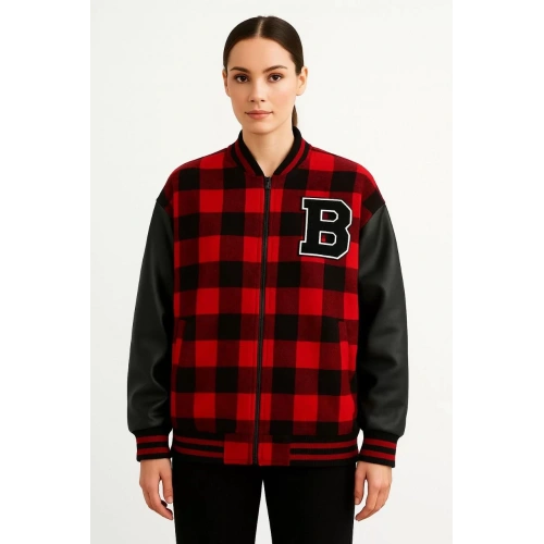 Kadın Kolej Ceket – Kareli Oduncu Kumaş, Kolları Suni Deri, Fermuarlı, İçi Kapitone Astarlı, Nakışlı Oversize Bahar & Kış Stil - Bordo