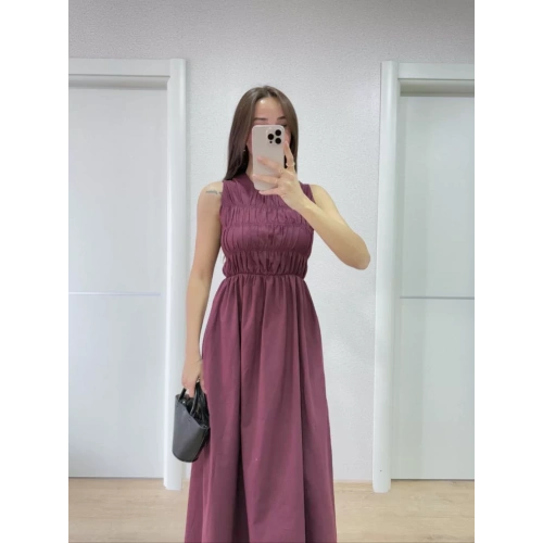 Kolsuz Göğüs Lastıklı %100 Poplin Uzun Elbise - Bordo