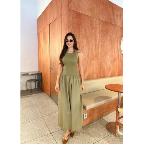 Kolsuz Uzun Elbise - Haki