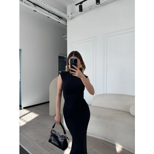 Kolsuz Uzun Likralı Elbise - Siyah