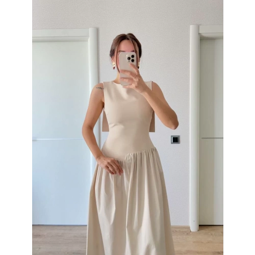 Krep Arkası Kanat Arka Ön Pens Detaylı Uzun Kadın Elbise - Bej