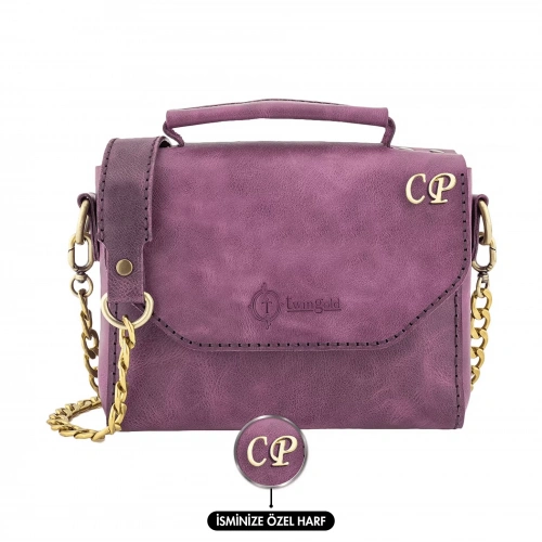 İsme Özel Çıtçıtlı Zincirli Küçük Boy El Omuz Çantası - %100 Deri - AC03001 - Mor
