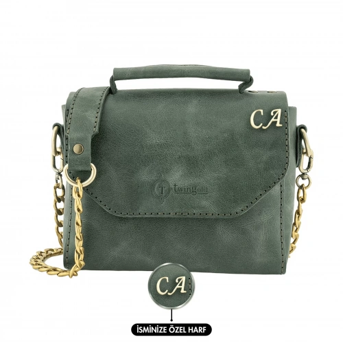 İsme Özel Çıtçıtlı Zincirli Küçük Boy El Omuz Çantası - %100 Deri - AC03001 - Haki