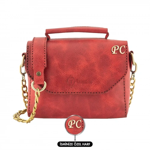 İsme Özel Çıtçıtlı Zincirli Küçük Boy El Omuz Çantası - %100 Deri - AC03001 - Kırmızı