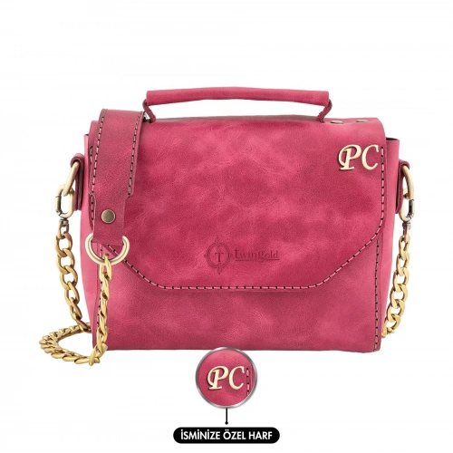 İsme Özel Çıtçıtlı Zincirli Küçük Boy El Omuz Çantası - %100 Deri - AC03001 - Fuşya