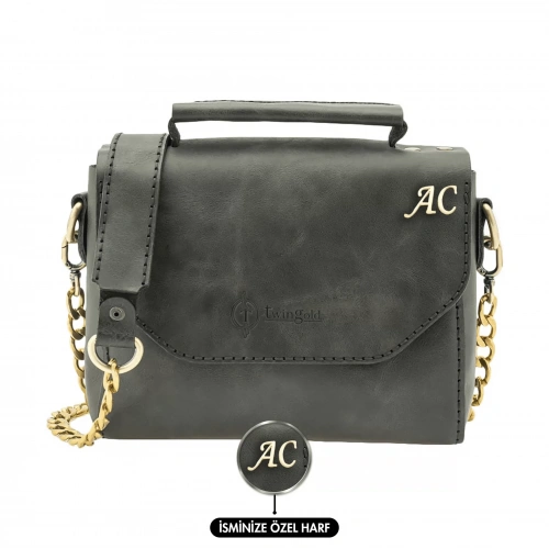 İsme Özel Çıtçıtlı Zincirli Küçük Boy El Omuz Çantası - %100 Deri - AC03001 - Antrasit
