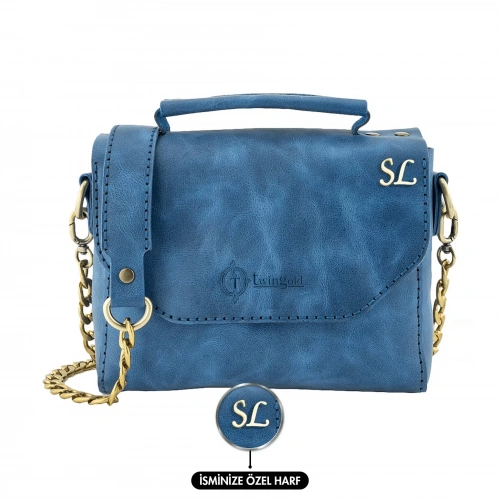 İsme Özel Çıtçıtlı Zincirli Küçük Boy El Omuz Çantası - %100 Deri - AC03001 - Saks Mavisi