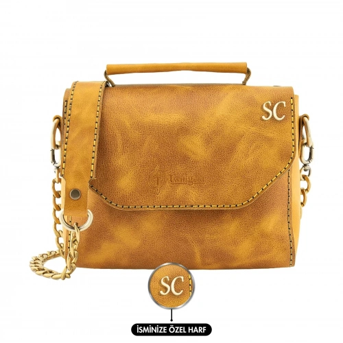 İsme Özel Çıtçıtlı Zincirli Küçük Boy El Omuz Çantası - %100 Deri - AC03001 - Hardal Sarısı