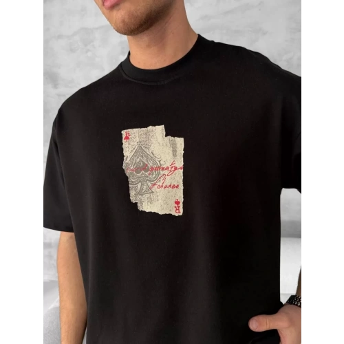 Ön ve Arka Baskılı Oversize Bisiklet Yaka T-shirt - Siyah