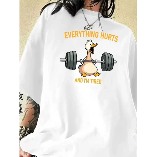 Ördek Baskılı ve Yuvarlak Yakalı Kadın Günlük Büyük Boy Siyah Tişört. - Beyaz