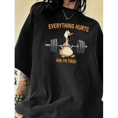 Ördek Baskılı ve Yuvarlak Yakalı Kadın Günlük Büyük Boy Siyah Tişört. - Siyah