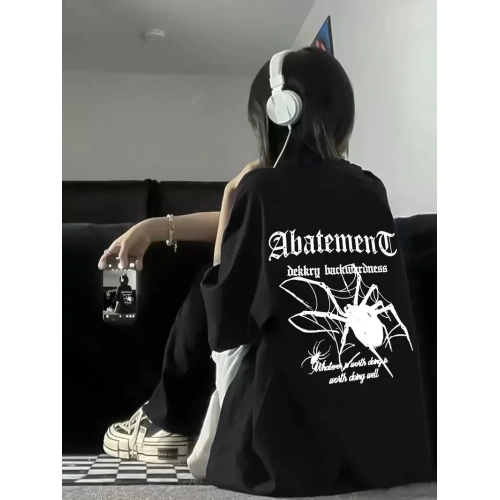 Örümcek Ağı Desenli Baskılı Oversize Bisiklet Yaka T-shirt - Siyah