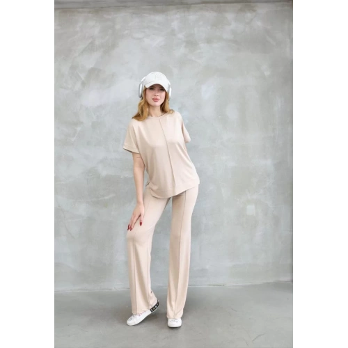 Osy Modal Yumuşak dokulu Kumaş Bisiklet Yaka Kısa Kollu Takım - Bej