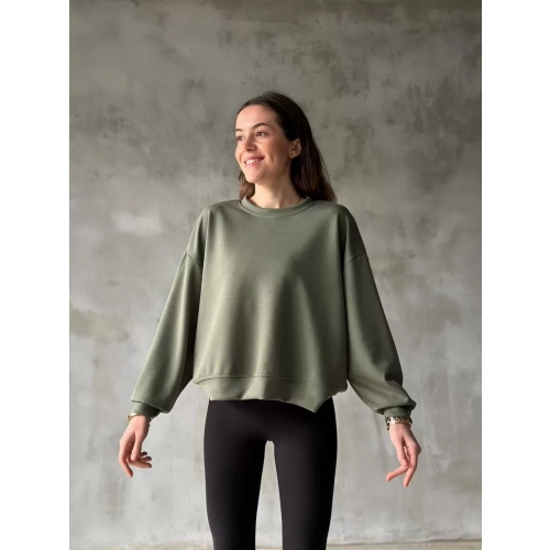 Osy Modal Yumuşak dokulu Kumaş Bisiklet Yaka Oversize Sweatshirt - Haki