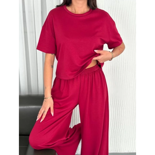 Osy Modal Yumuşak Dokulu Kumaş Bisiklet Yaka T-shirt Bol paça Pantalon ikili Takım -Bordo