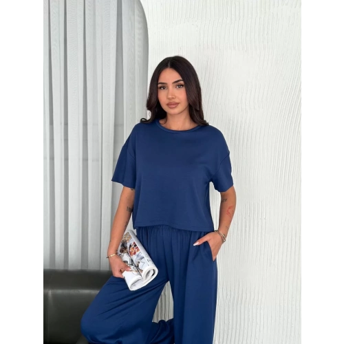 Osy Modal Yumuşak Dokulu Kumaş Bisiklet Yaka T-shirt Bol paça Pantalon ikili Takım -Saks Mavi