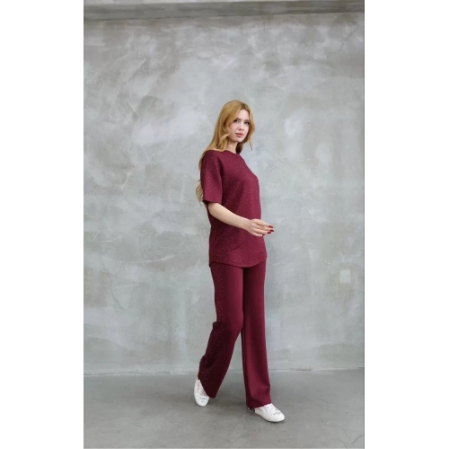 Osy Modal Yumuşak dokulu Kumaş Bisiklet Yaka Taş detaylı Kısa Kollu Takım - Bordo