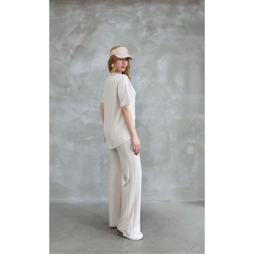 Osy Modal Yumuşak dokulu Kumaş Bisiklet Yaka Taş detaylı Kısa Kollu Takım - Kırık Beyaz