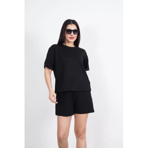 Osy Modal yumuşak dokulu Kumaş Kadın Bisiklet Yaka T-shirt Kısa Şort İkili Takım - Siyah