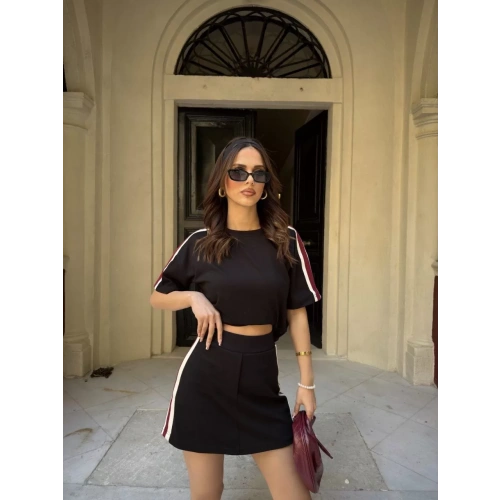 Osy Modal yumuşak dokulu Kumaş Kadın Parçalı Bisiklet Yaka T-shirt Mini Şortlu Etek İkili Takım - Siyah