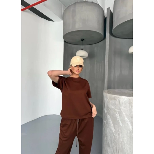 Osy Modal Yumuşak Dokulu Kumaş Kısa Kollu Bluz Rahat Pantalon ikili Takım- Kahverengi