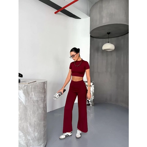 Osy Modal Yumuşak Dokulu Kumaş Kısa Kollu Crop Alt ispanyol Paça Pantalon ikili Takım - Bordo