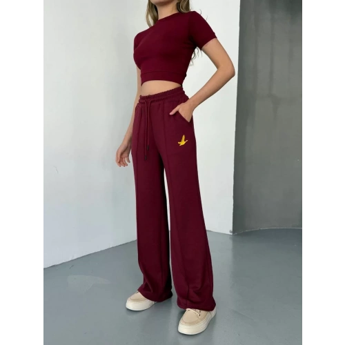 Osy Modal Yumuşak Dokulu Kumaş Nakış işlemeli Rahat Bol Paça Eşofman Pantalon - Bordo