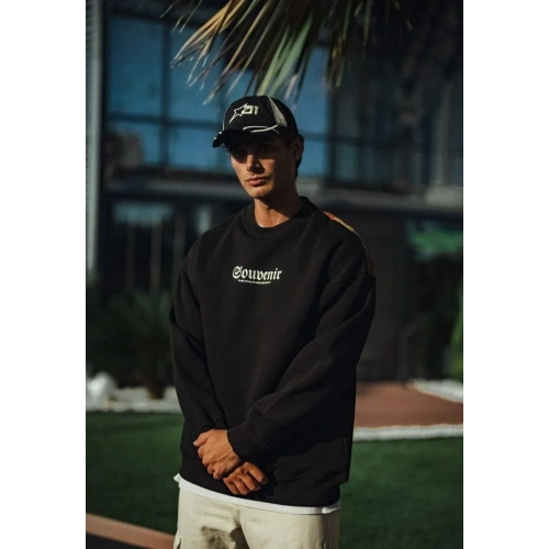 Oversize Bisiklet Yaka Baskılı SweatShirt - Siyah