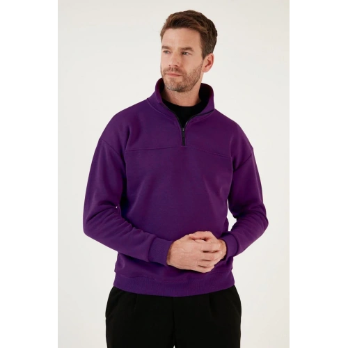 Oversize Yarım Farmuarlı Yakalı Basic SweatShirt - Mor