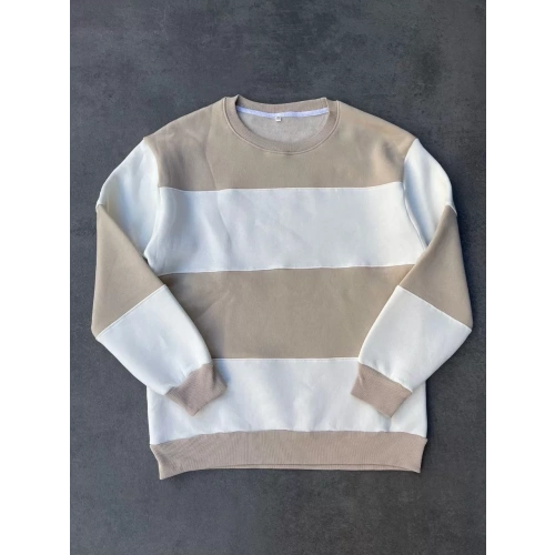 Parçalı Bisiklet Yaka Baskılı SweatShirt - Bej