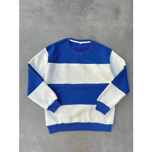 Parçalı Bisiklet Yaka Baskılı SweatShirt - Mavi