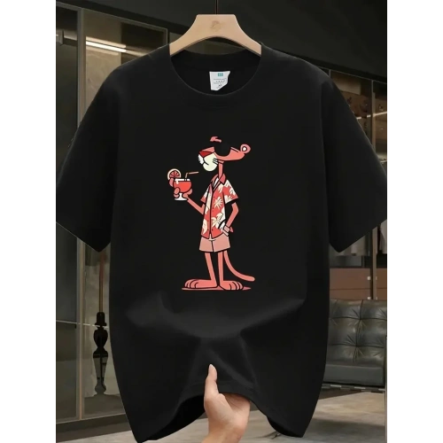 Pembe Panter Baskılı Erkek Oversize Günlük Kısa Kollu Tişört İlkbahar ve Yaz için Mükemmeldir - Siyah