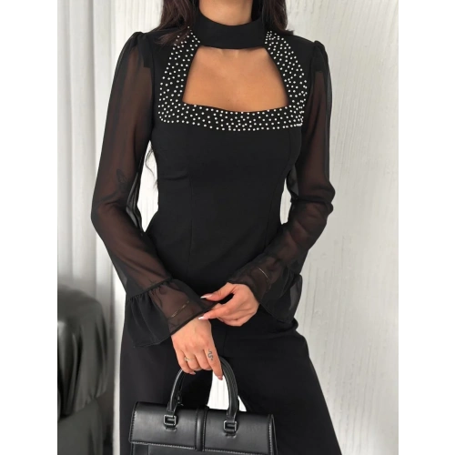 Penye Uzun Kollu Kadın Kolları Şifon Göğüste İnci Boncuk detaylı Bluz - Siyah