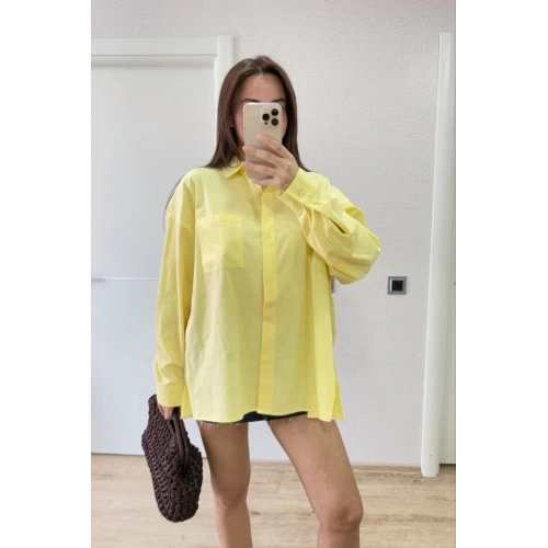 Poplin Kadın Yakalı Yandan Yırtmaçlı Arka Pens Detaylı Gömlek - Sarı