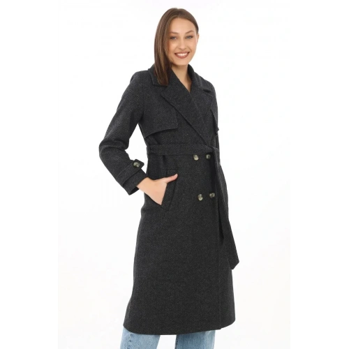 Premium Kadın Kaşe Kaban Uzun Boy, Balık Sırtı Yünlü Kaşmir Dokuma, Kruvaze Kuşaklı Astarlı - Siyah