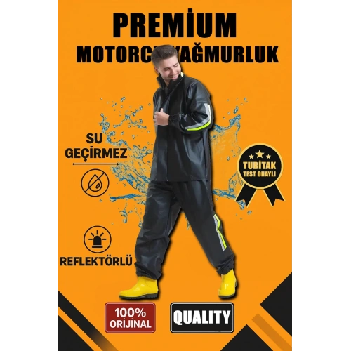 Premium Motorcu Kurye Yağmurluk Takım Su Geçirmez PVC Kumaş Reflektörlü TÜBİTAK Onaylı - Siyah