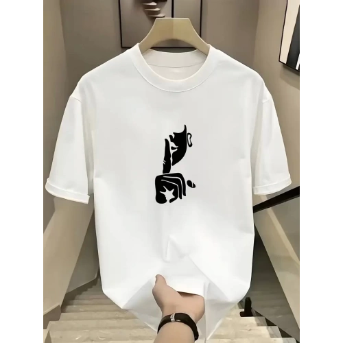 Rahat Bisiklet Yaka Tişört, Yaratıcı Karikatür Baskı - Yumuşak Polyester, Her Mevsim Giyilebilir- Beyaz